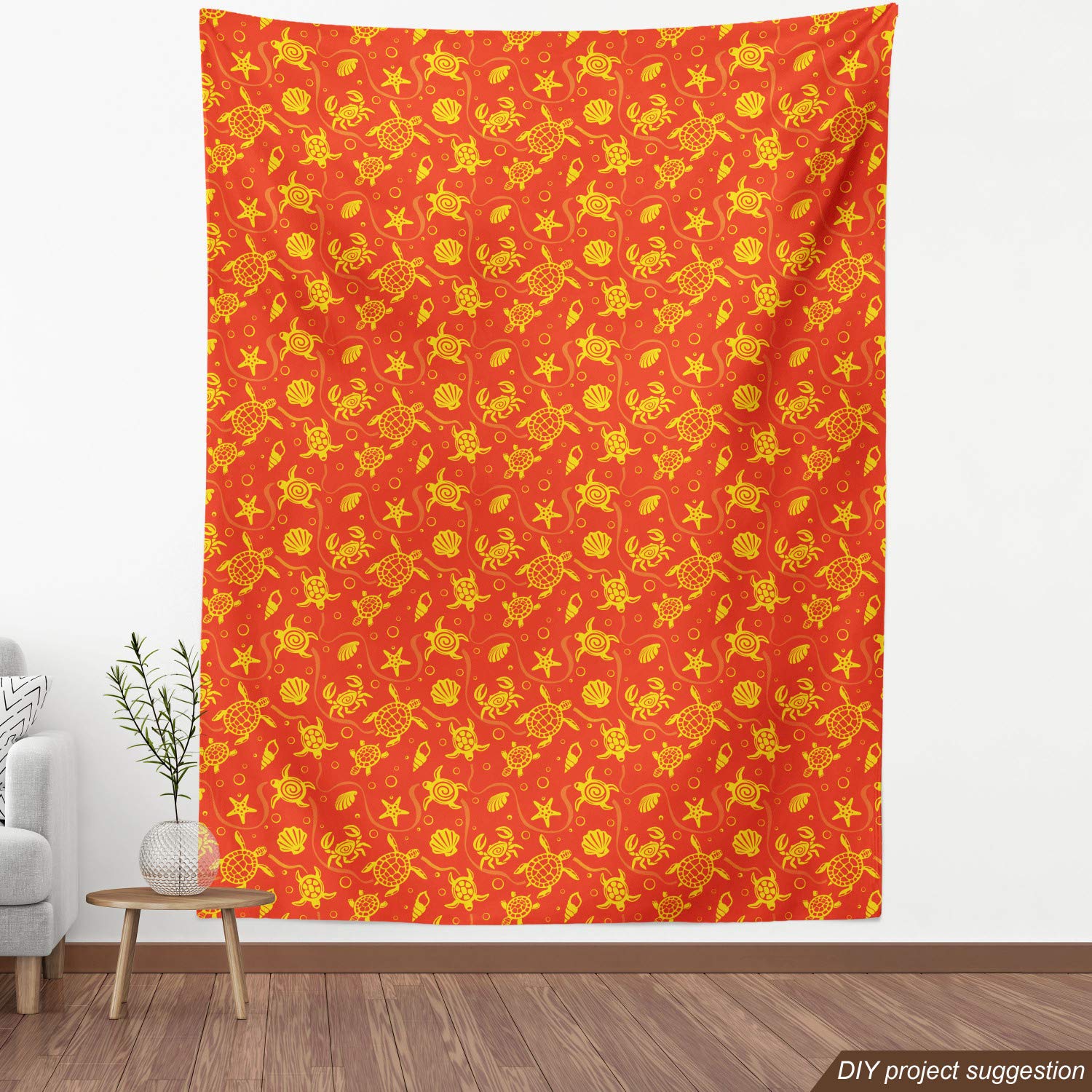 Ambesonne Orange Fabric by The Yard - Swimming Turtles & Crabs with Seashells, Bubbles & Starfish Tropical Print - Decorative Upholstery Fabric for Sofa, Curtains & Home Decor (10 Yards, Burnt Orange) - Perfect for Beach House Decor, Coastal Living Room & Nautical Themed Bedrooms