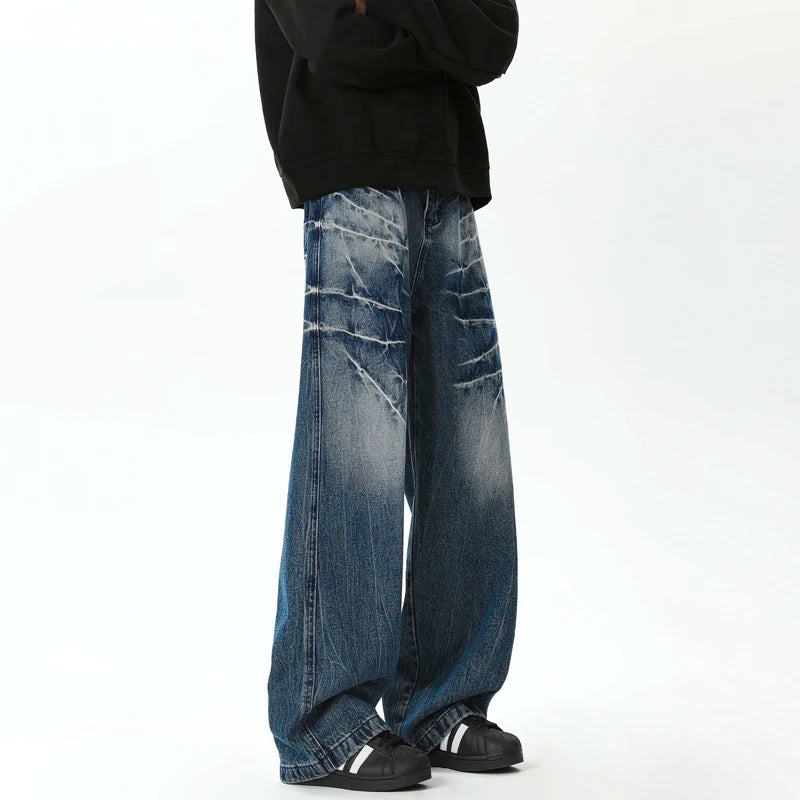 Vintage Washed Baggy Loose Wide Leg Jeans for Men - Lightning Patterned Casual Streetwear with Niche Design (Style 9C9260) | Perfect for Hip-Hop Fashion, Urban Street Style and Retro Outfits