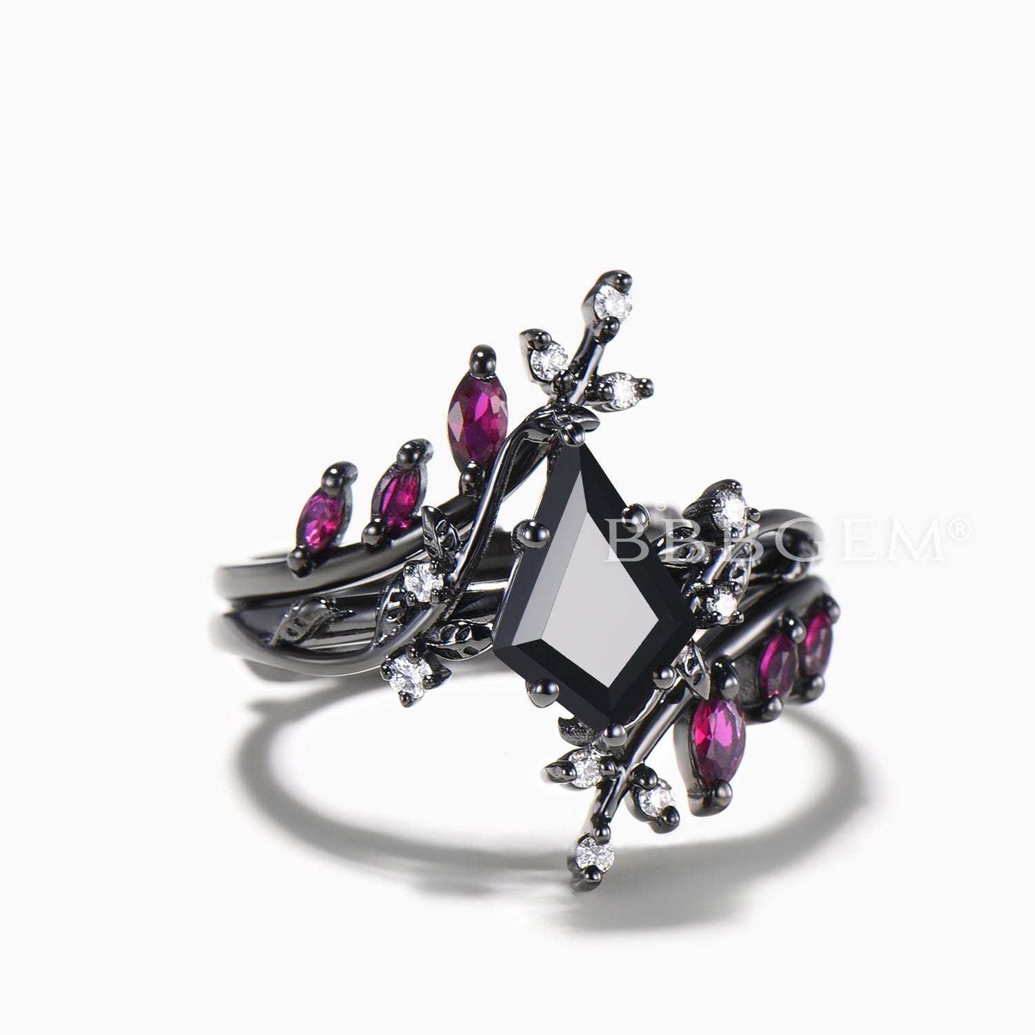 Natural Black Onyx and Ruby Engagement Ring Set with Twig Leaf Design in Black Gold - Perfect for Weddings, Anniversaries, and Romantic Gifts