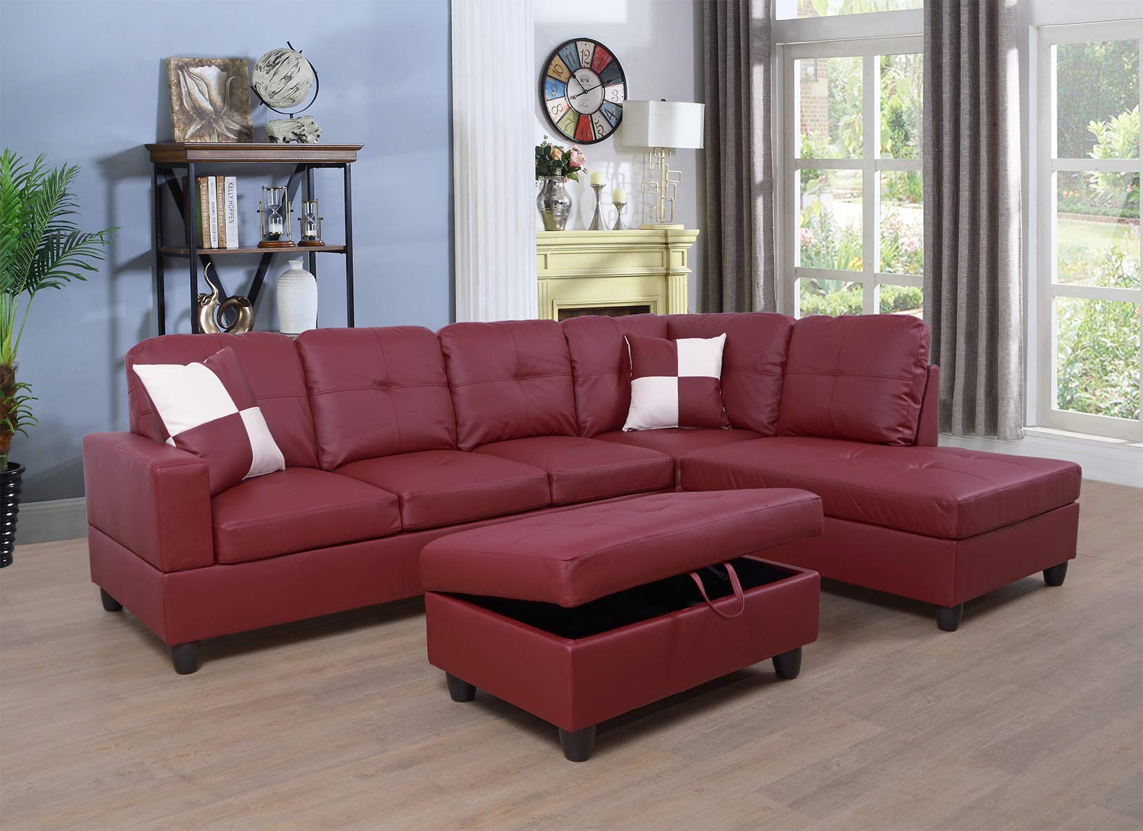 Modern Contemporary Living Room Sectional Sofa with Ottoman - Right-Hand Facing, Red Velvet Fabric - Perfect for Small Spaces, Apartments & Cozy Home Decor