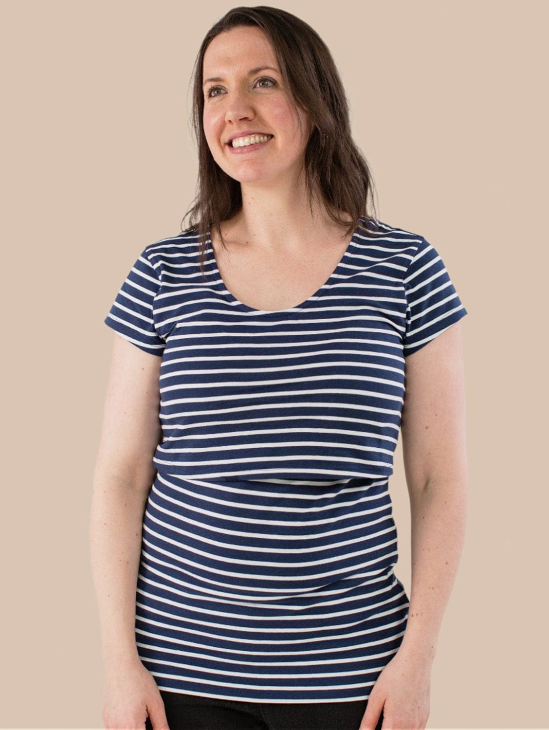 Comfortable Nursing Short Sleeve Cotton T-Shirt for Moms | Navy & White Stripes | Perfect for Breastfeeding, Lounging & Everyday Wear