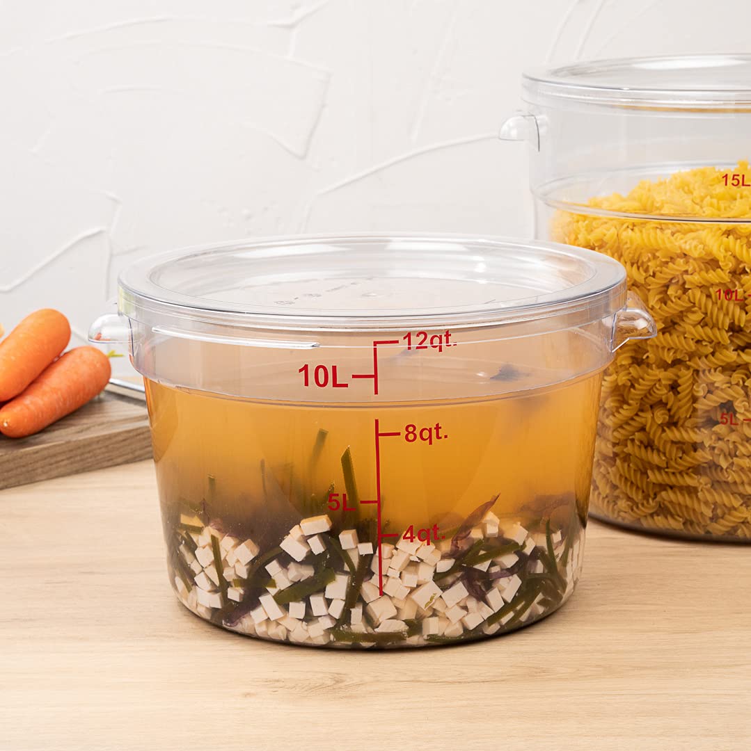 Restaurantware Met Lux 12 Quart (11.4L) Clear Plastic Food Storage Containers - 10-Pack Round Commercial Food Prep Buckets with Volume Markers, Lids Sold Separately | Space-Saving Kitchen Organization for Restaurants, Catering & Bulk Food Storage