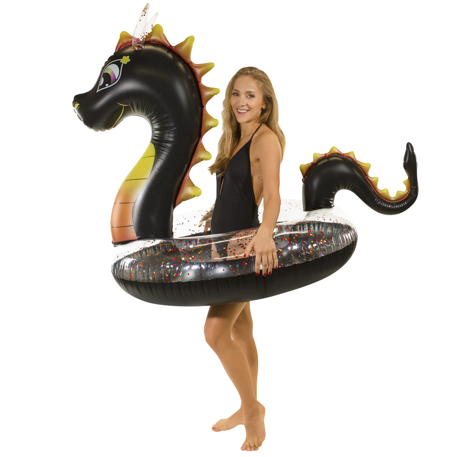 Inflatable Glitter Dragon Pool Float 48 Inch with Matching Drink Holder - Fun Summer Pool Toy for Adults & Kids, Perfect for Pool Parties, Beach Trips, and Backyard Relaxation