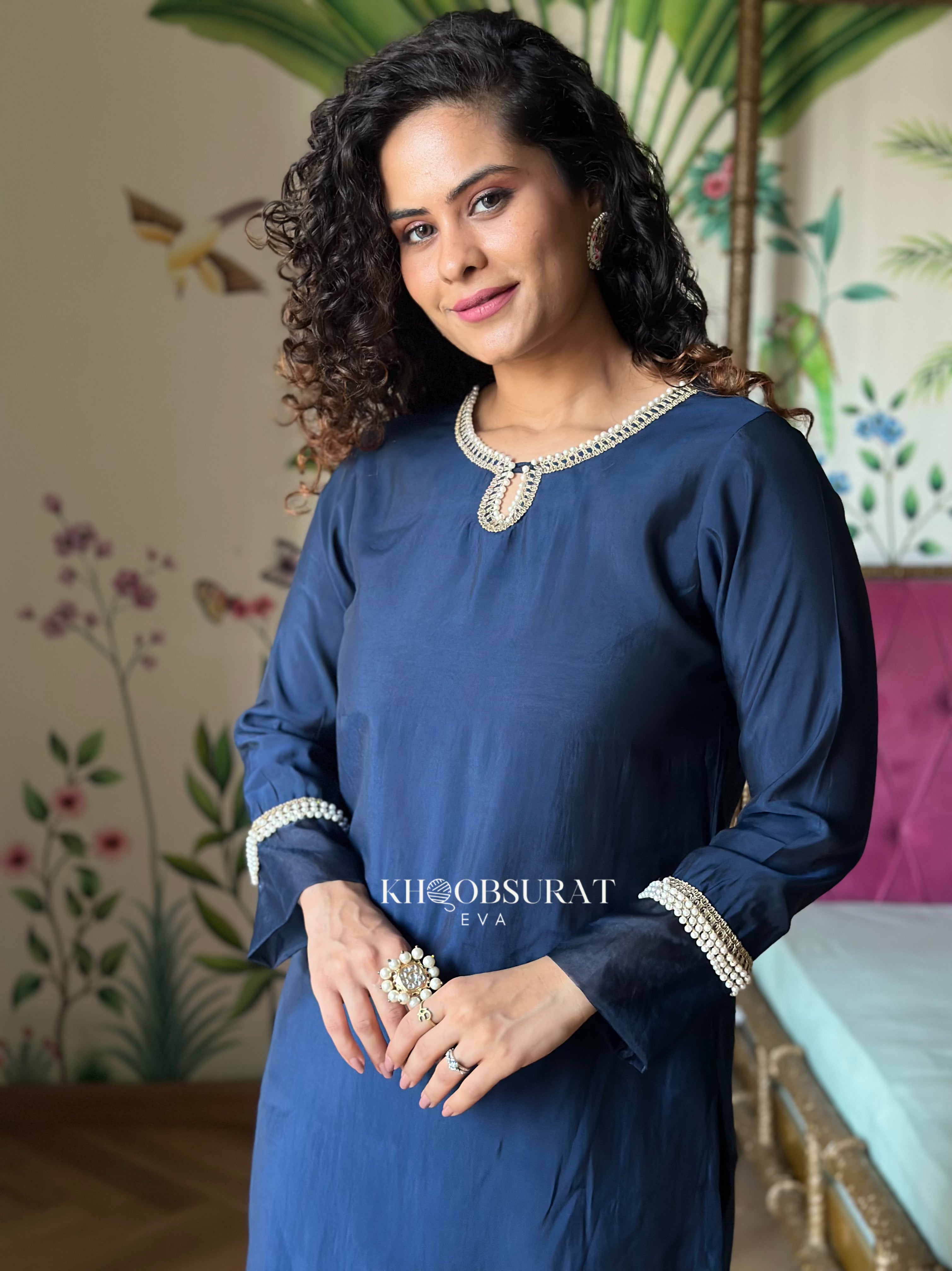 Royal Blue Pearl Embroidered Kurta Set for Women - Elegant Indian Ethnic Wear for Festivals, Weddings & Special Occasions