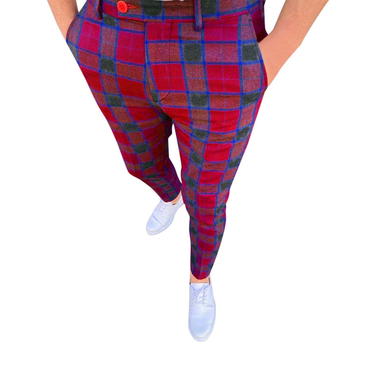 Men's Athletic Casual Plaid Print Skinny Pencil Pants with Zipper & Elastic Waist - Comfortable Stretch Trousers for Work, Travel and Everyday Wear