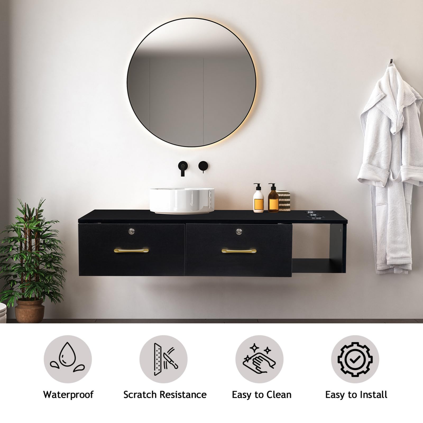 Wall Mount Salon Station - Barber Styling Station with 2 Locking Drawers & 3 Holes, Floating Makeup Vanity for Beauty Salon, Barber Shop & Bathroom Organization - Black (Perfect for Small Spaces & Professional Grooming Areas)