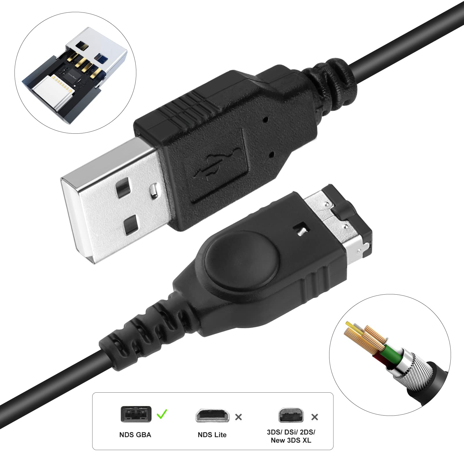 Trenro 2-Pack GBA USB Charger Cable for Nintendo Gameboy Advance SP & DS - Fast Charging Power Cord for Gaming On-The-Go, Travel & Home Use