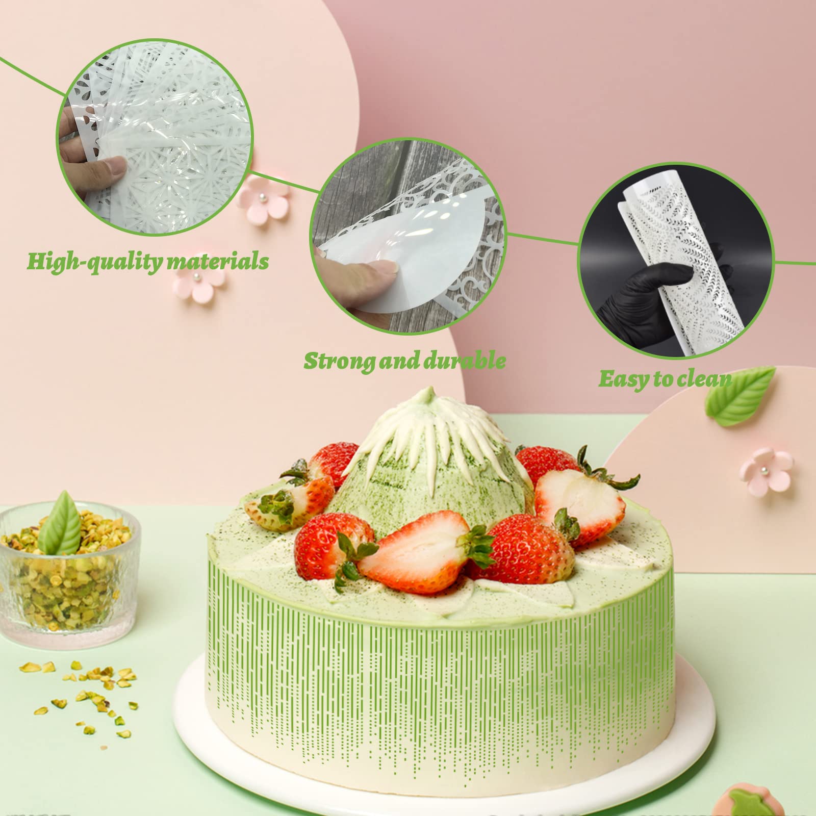 4-Piece Cake Decorating Stencils Set - Wheat Spike Lace Border & Buttercream Flower Embossing Molds for Fondant, Cookies, Desserts | DIY Baking Tools for Wedding, Birthday, Holiday Cakes