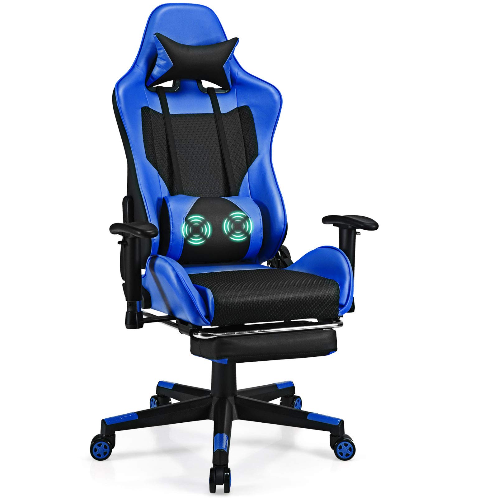 Giantex Ergonomic Massage Gaming Chair with Footrest & Lumbar Support - High Back PU Leather Video Game Chair for E-Sports & Office - Blue - Perfect for Gaming, Working & Relaxing at Home