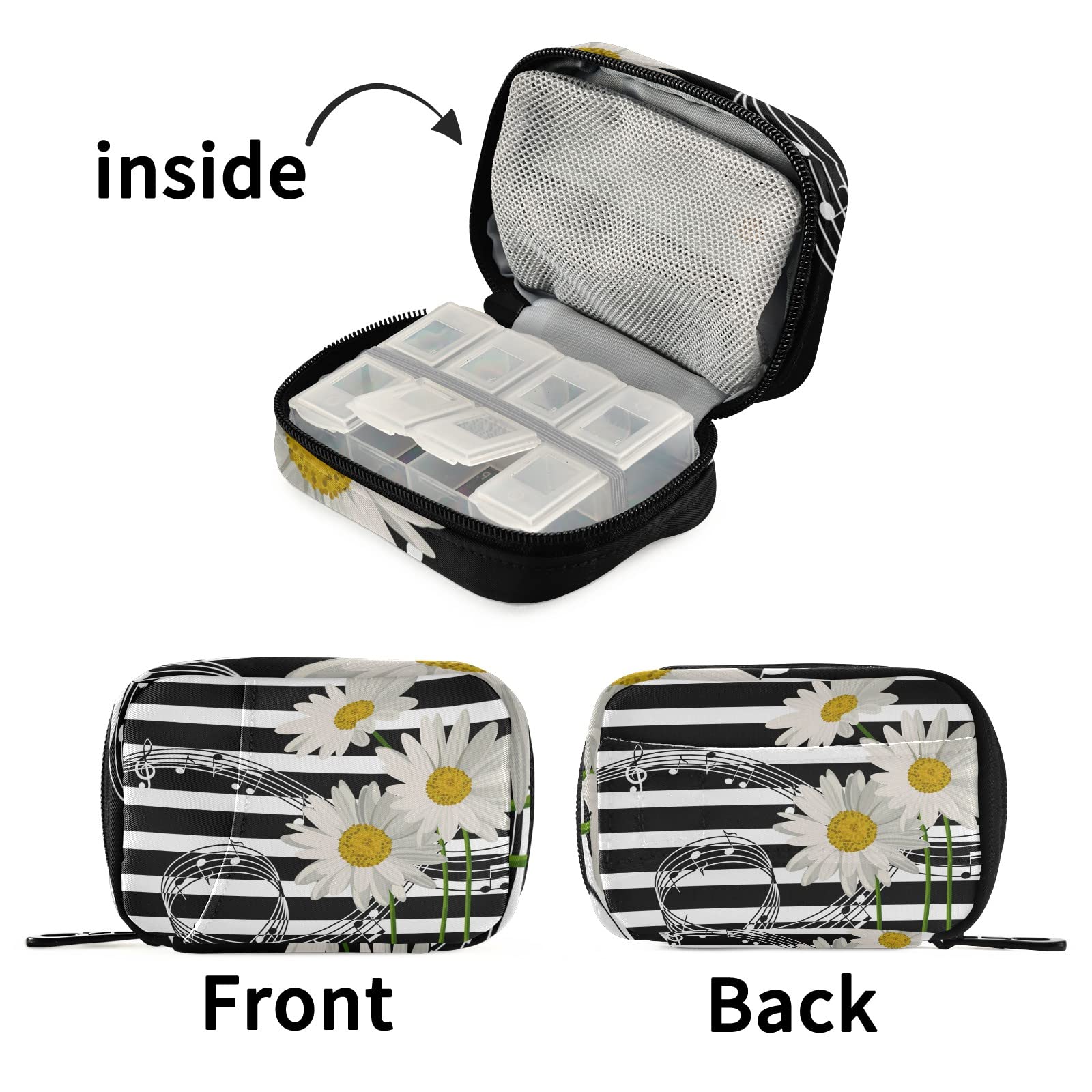7-Day Travel Pill Organizer with Zipper - White Daisies & Black Stripes Design - Compact Weekly Pill Case for Vitamins, Supplements & Medications - Perfect for Home, Office & Travel Use