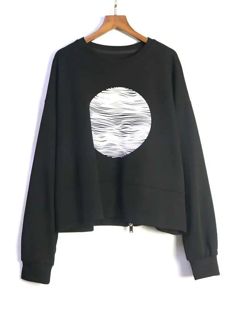 Black Printed Back Zipper Sweatshirt for Women | Round Neck Long Sleeve Pullover | Plus Size Fashion Hoodie | Trendy 2025 Fall & Spring Outerwear | Perfect for Casual Wear, Street Style & Layering