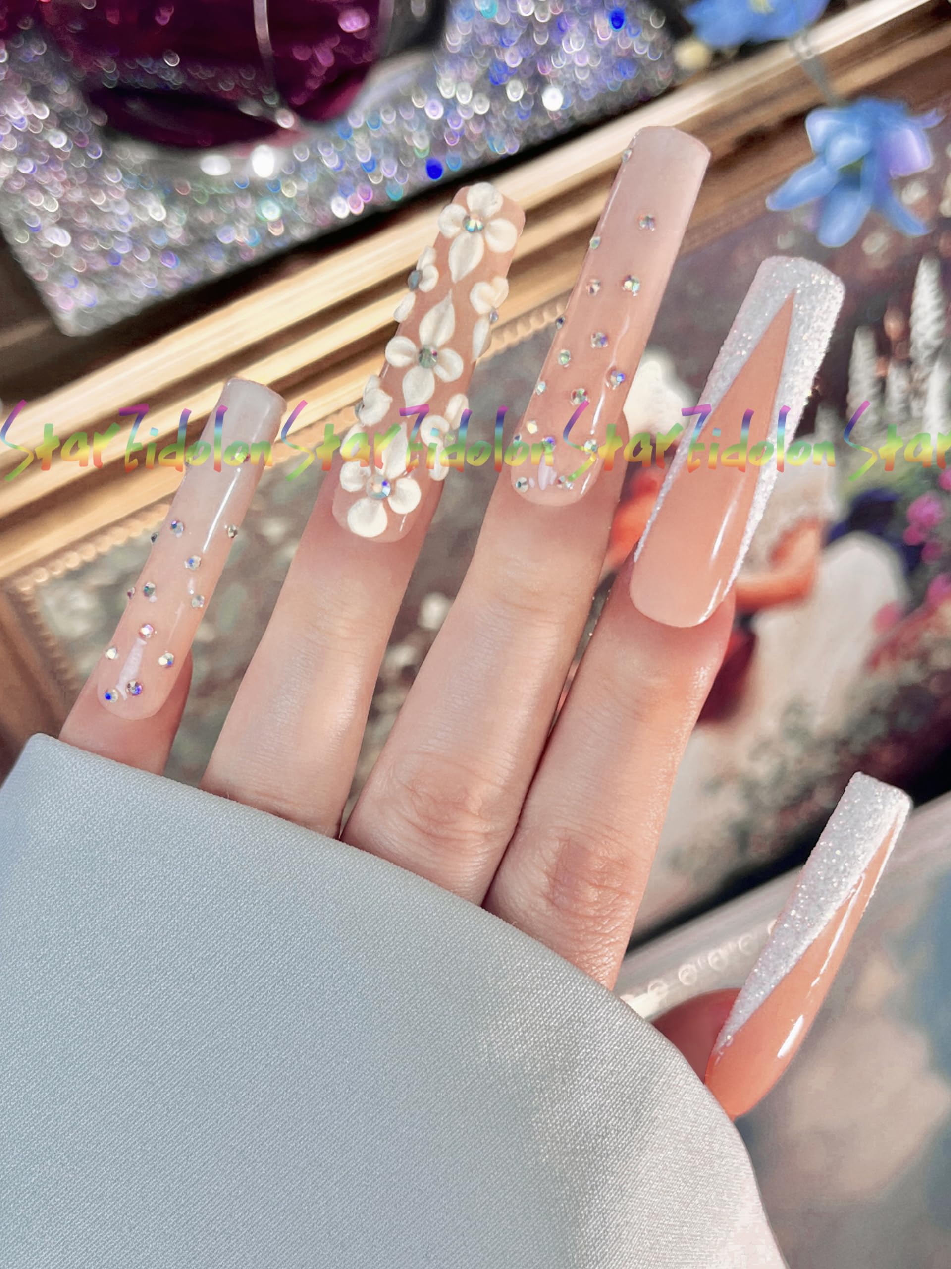 Hand-Painted White Square Press on Nails - Short French Tips & Coffin Fake Nails Kit with Glue | Medium Length Press on Nails for Women | Custom Long Coffin Stiletto Design | Perfect for Parties, Weddings & Everyday Wear (Medium, Style 12)