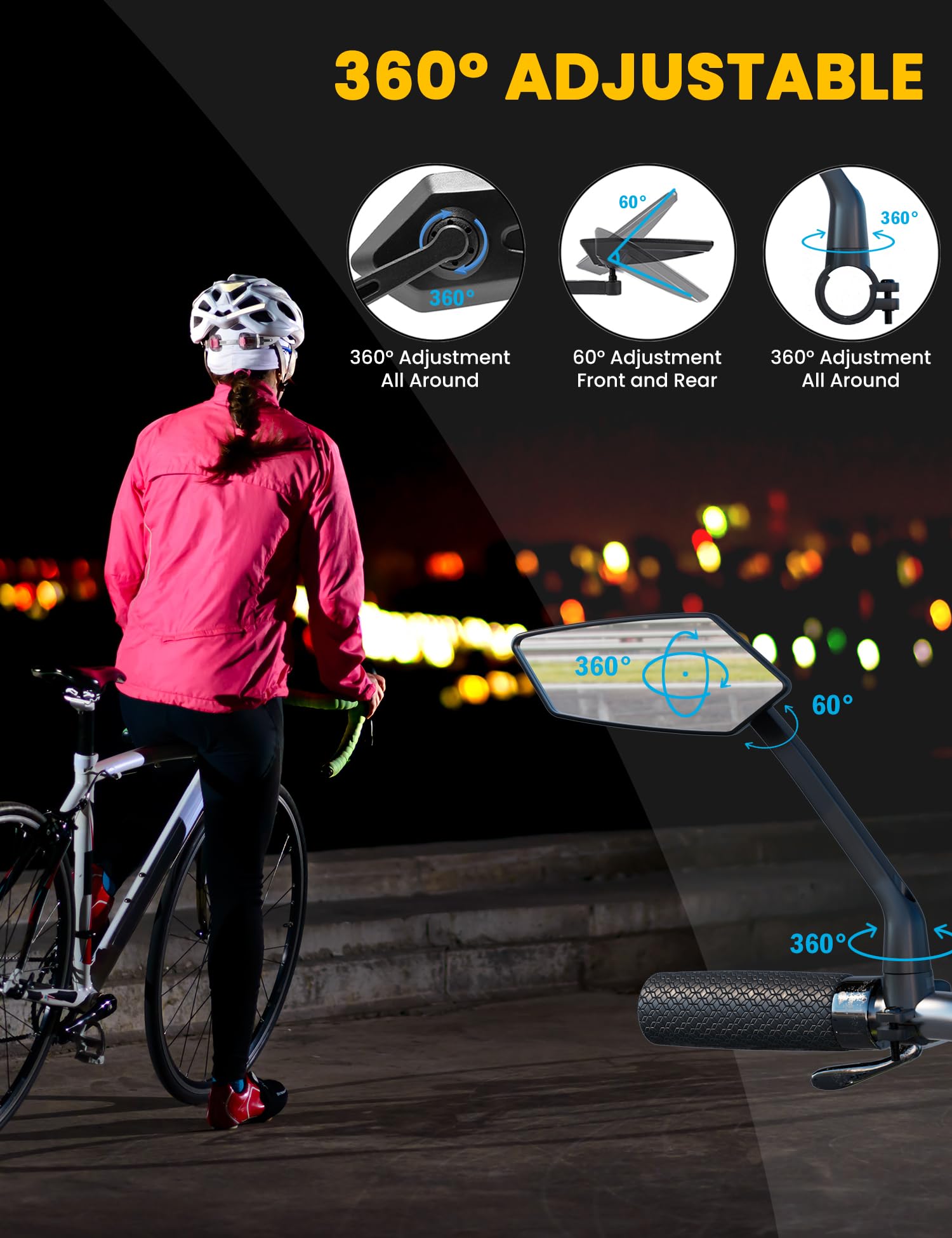 2 Pack Bike Handlebar Mirrors - HD Adjustable Rotatable Rear View Safety Mirrors for Bicycle, Electric Bike, Mountain Bike, Motorcycle & Scooter - Perfect for Commuting, Off-Roading & Urban Riding Safety