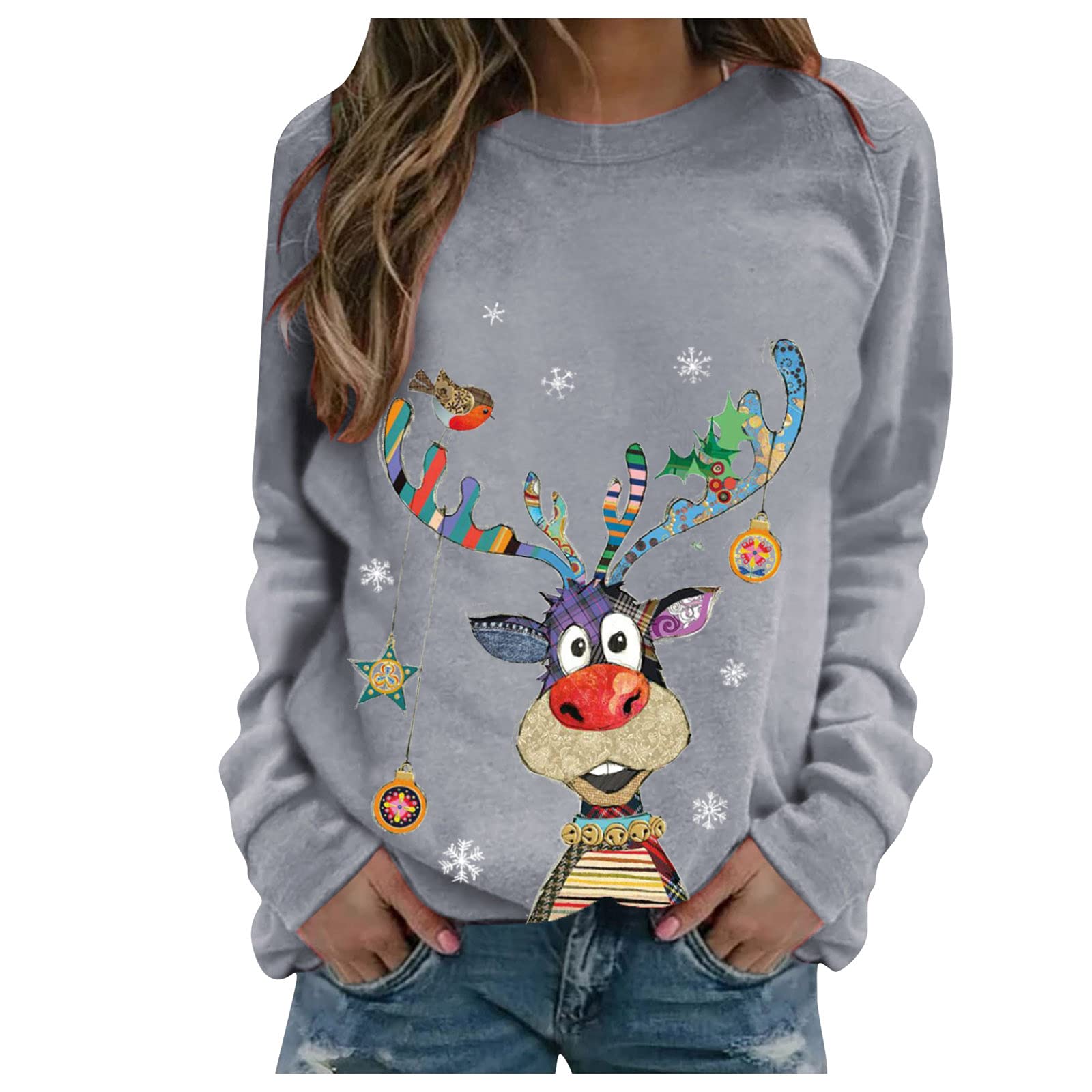 Women's Christmas Sweaters 2021 - Snowman Print Long Sleeve Crewneck Sweatshirts | Cozy Winter Holiday Pullovers for Casual Wear & Christmas Parties