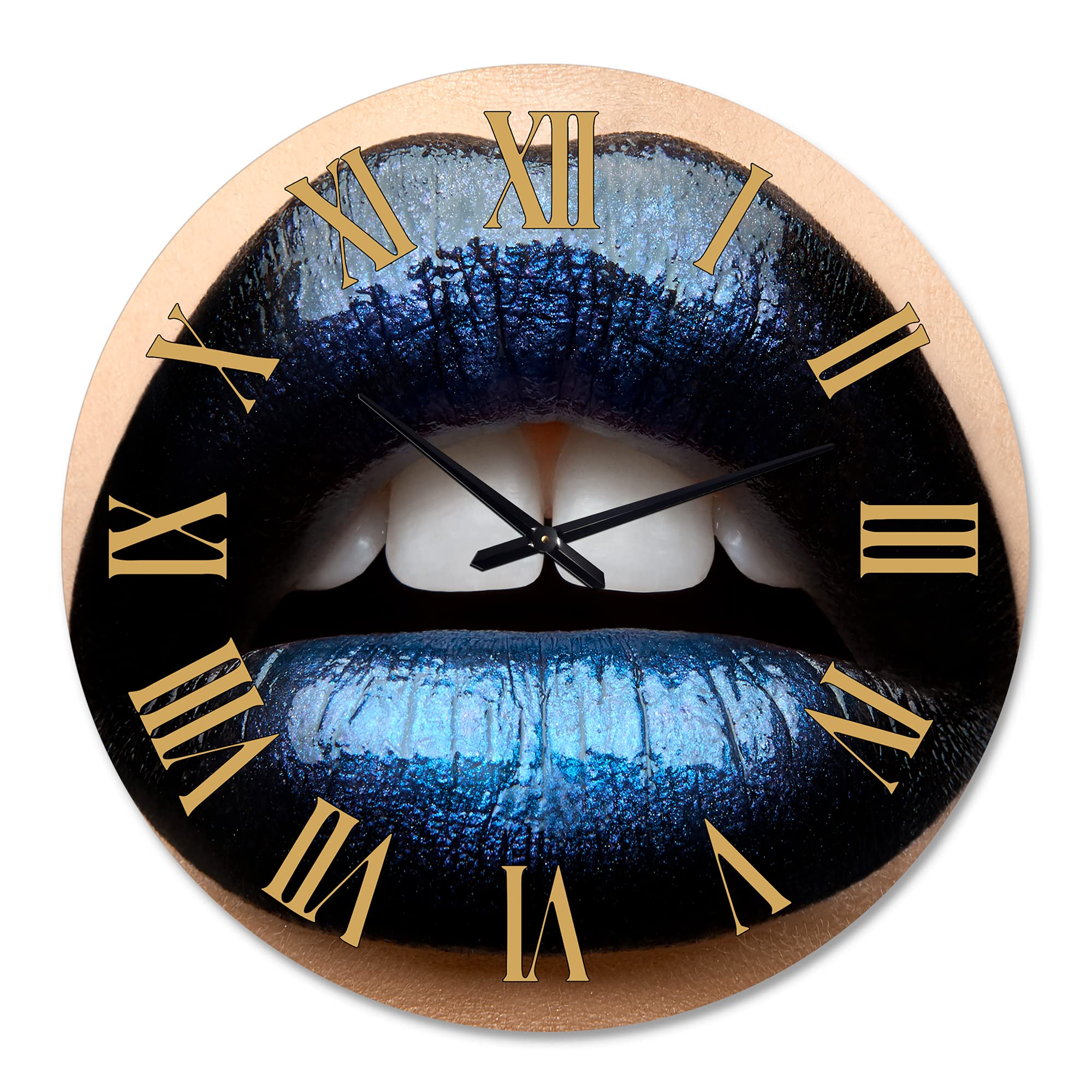 DesignQ Modern Wall Clock - Stylish 'Woman Lips with Black & Blue Lipstick' Art Decor - Large Silent Non-Ticking Clock for Office, Living Room & Bedroom Decor