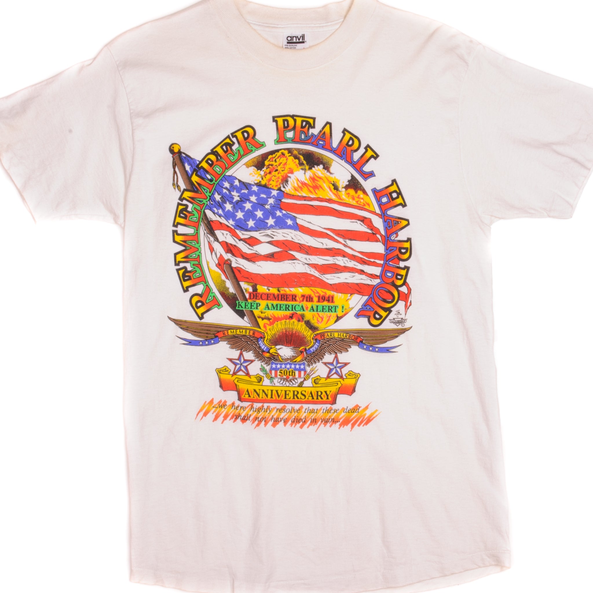 Vintage WWII 50th Anniversary Pearl Harbor T-Shirt 1991 - Medium Size, Made in USA - Perfect for History Buffs, Veterans Events & Patriotic Holidays