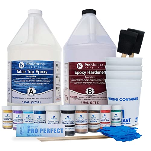 Crystal Clear Table Top Epoxy Resin Kit - 2 Gallon Bundle with Mixing Supplies, 10-Color Pro-Mica Powder Set & Polishing Kit | DIY Epoxy Resin for Countertops, Bar Tops, Wood Tables & Art Projects | Professional Marine-Grade Epoxy Supplies
