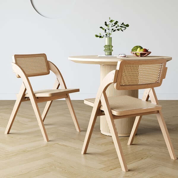 Japandi Style Natural Folding Dining Chairs (Set of 2) - Solid Wood Rattan Side Chairs for Kitchen, Dining Room & Outdoor Patio