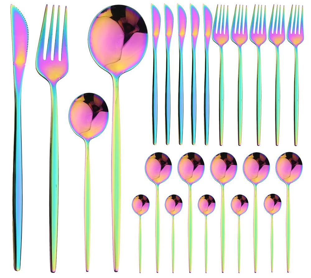 24-Piece Stainless Steel Flatware Set - Silverware Cutlery Set with Knives, Forks & Spoons for Everyday Dining, Kitchen, Wedding & Special Occasions (Rainbow Color) - Durable & Elegant Dinnerware for Home & Restaurant Use