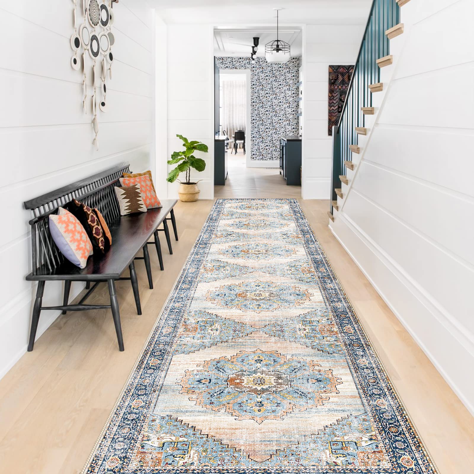 Non-Slip Washable Runner Rug 2x12 Feet - Waterproof Hallway Carpet for Kitchen, Living Room, Bedroom & Bathroom | Durable Anti-Skid Floor Mat for High Traffic Areas (Blue, 2X12) - Perfect for Entryways, Stairs and Home Decor