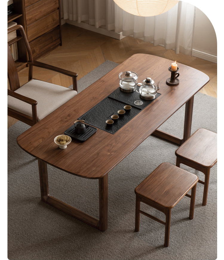 Premium Black Walnut Solid Wood Tea Table with Integrated Tray - Handcrafted Tea Serving Set for Living Room, Zen Meditation & Japanese Tea Ceremony