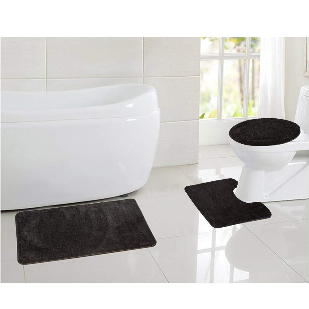 Premium 3-Piece Anti-Slip Bathroom Rug Set - Soft Rectangular Floor Mat, U-Shaped Toilet Mat & Toilet Lid Cover (Black) | Non-Slip Bath Mats for Bathroom Safety & Comfort | Perfect for Modern Bathrooms, Guest Baths & Home Decor