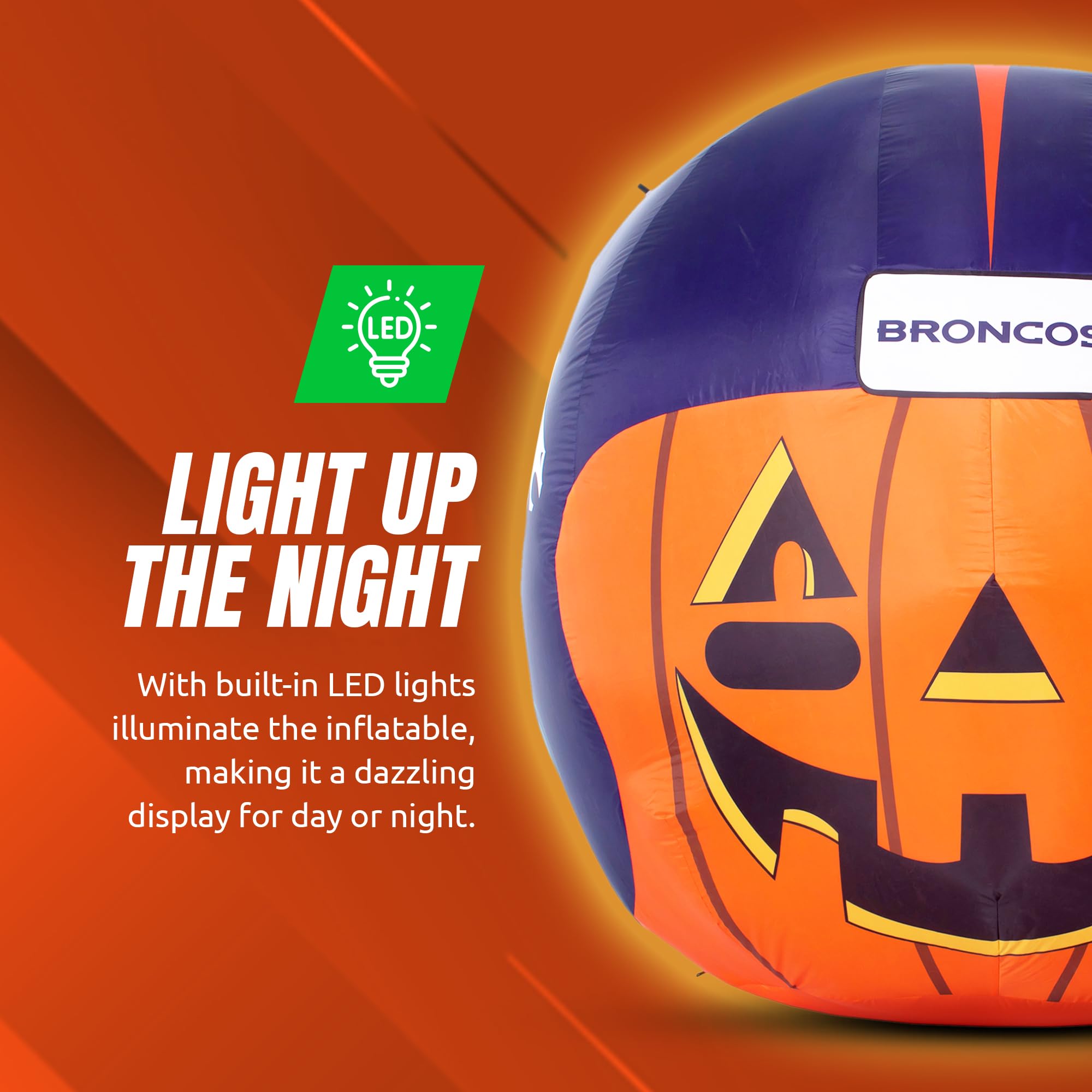 NFL Denver Broncos 4ft LED Light-Up Inflatable Jack-O’-Helmet with Built-in Blower - Halloween Yard Decoration for Lawn, Front Yard, Backyard & Football Party Decor
