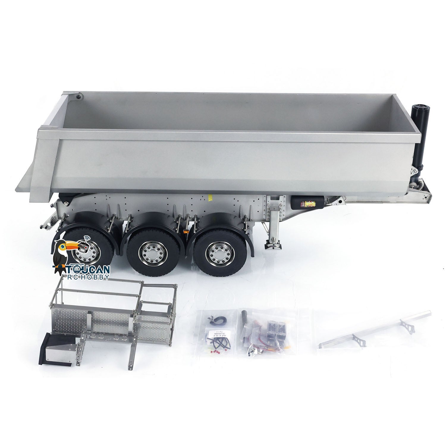 1/14 Scale Hydraulic RC Dump Trailer with 3 Axles - Remote Control Tractor Truck Accessory with Realistic Sound & Light System (Pre-Assembled, Unpainted) - Perfect for Construction Site Dioramas, RC Truck Shows & Collectors