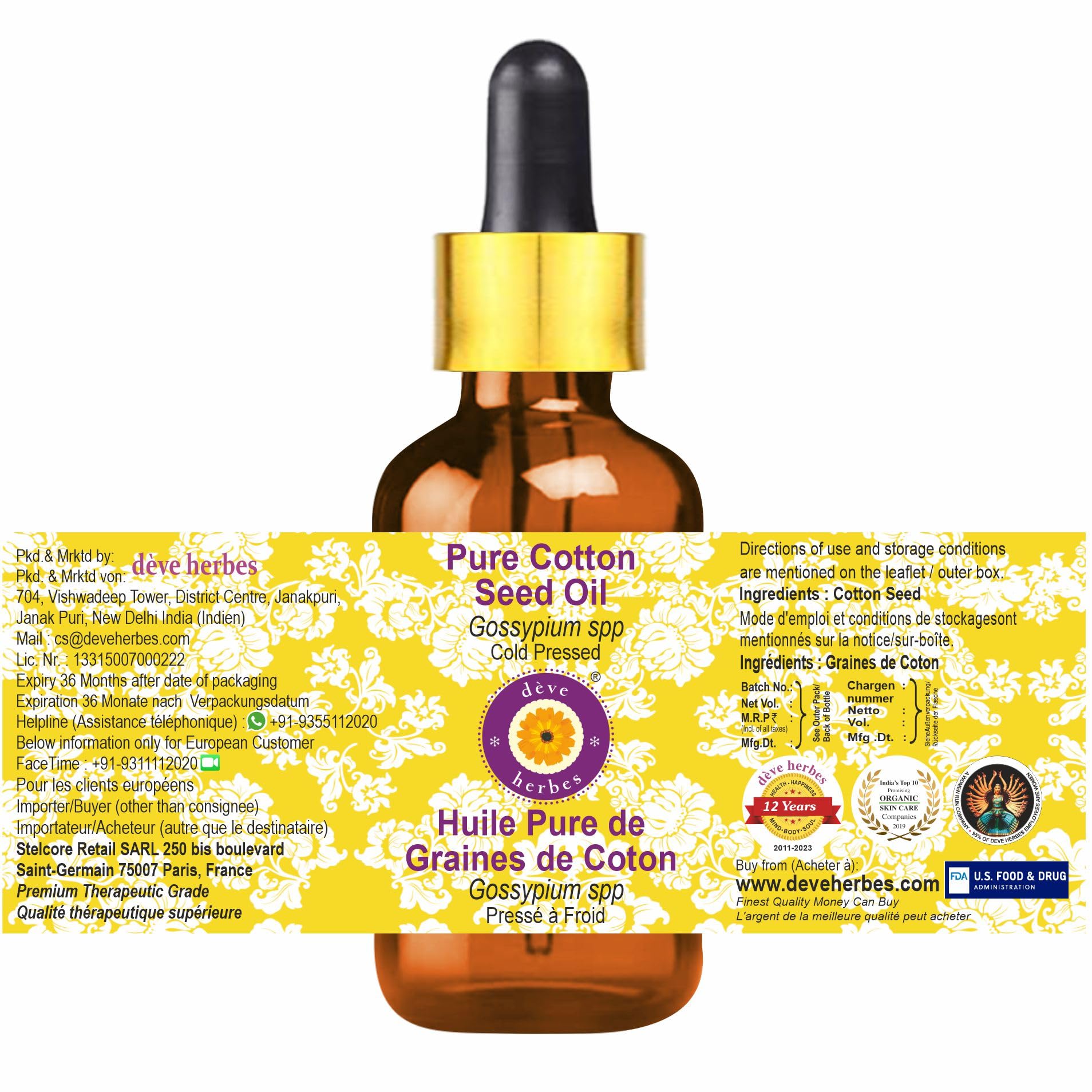 Pure Cotton Seed Oil (Gossypium spp) - 100% Natural, Cold Pressed, Therapeutic Grade with Glass Dropper - 30ml - Perfect for Aromatherapy, Massage & Skin Care