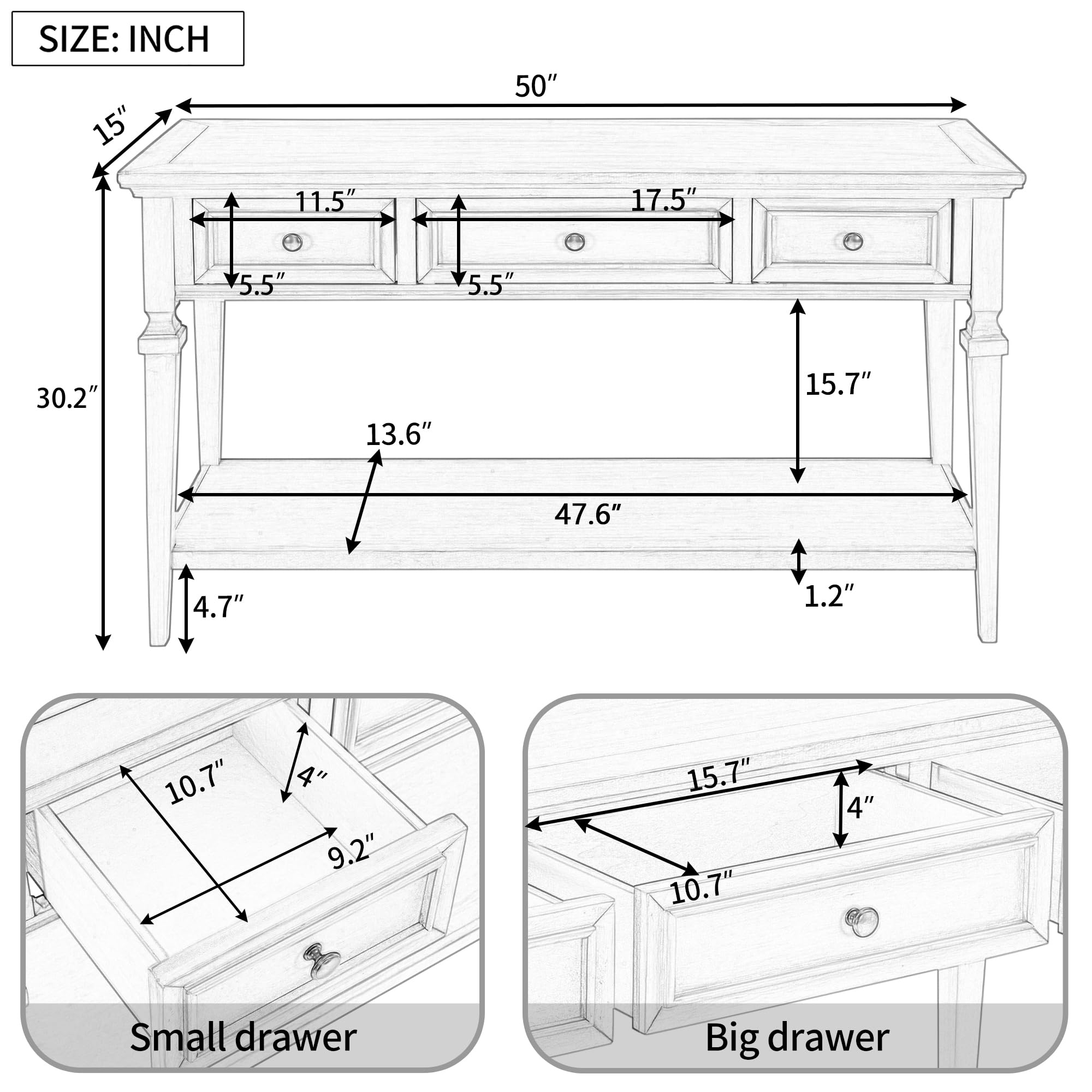 Harper & Bright Designs 3-Drawer Console Table with Open Bottom Shelf - Classic Retro Style Entryway Table for Living Room, Hallway & Bedroom - Antique White Finish | Perfect for Home Decor, Small Space Storage & Entry Organization