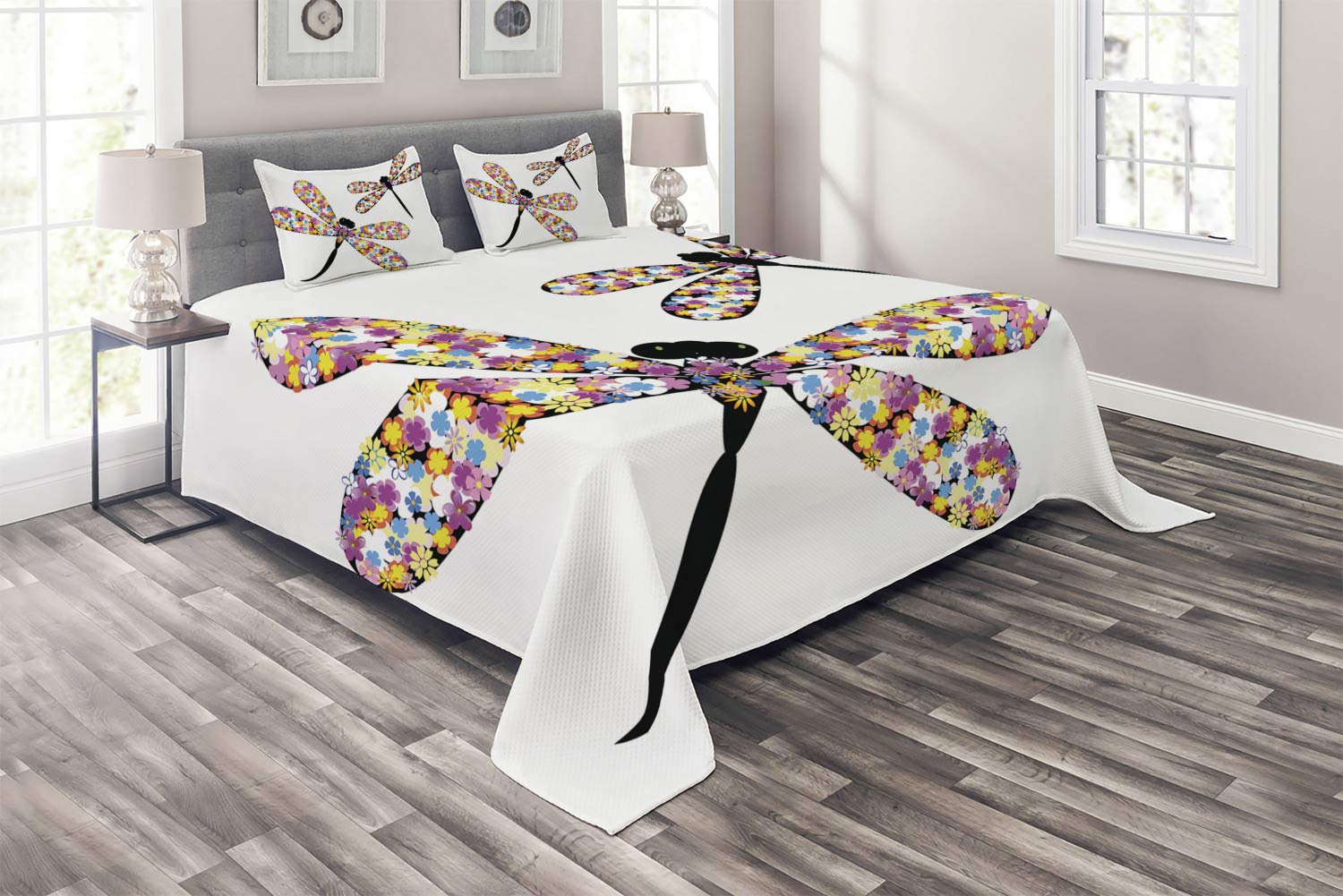 Ambesonne Modern King Size 3-Piece Quilted Bedspread Set with 2 Pillow Shams - Colorful Butterfly & Dragonfly Print with Black Silhouettes - Luxury Decorative Coverlet for Bedroom, Guest Room & Dorm Decor