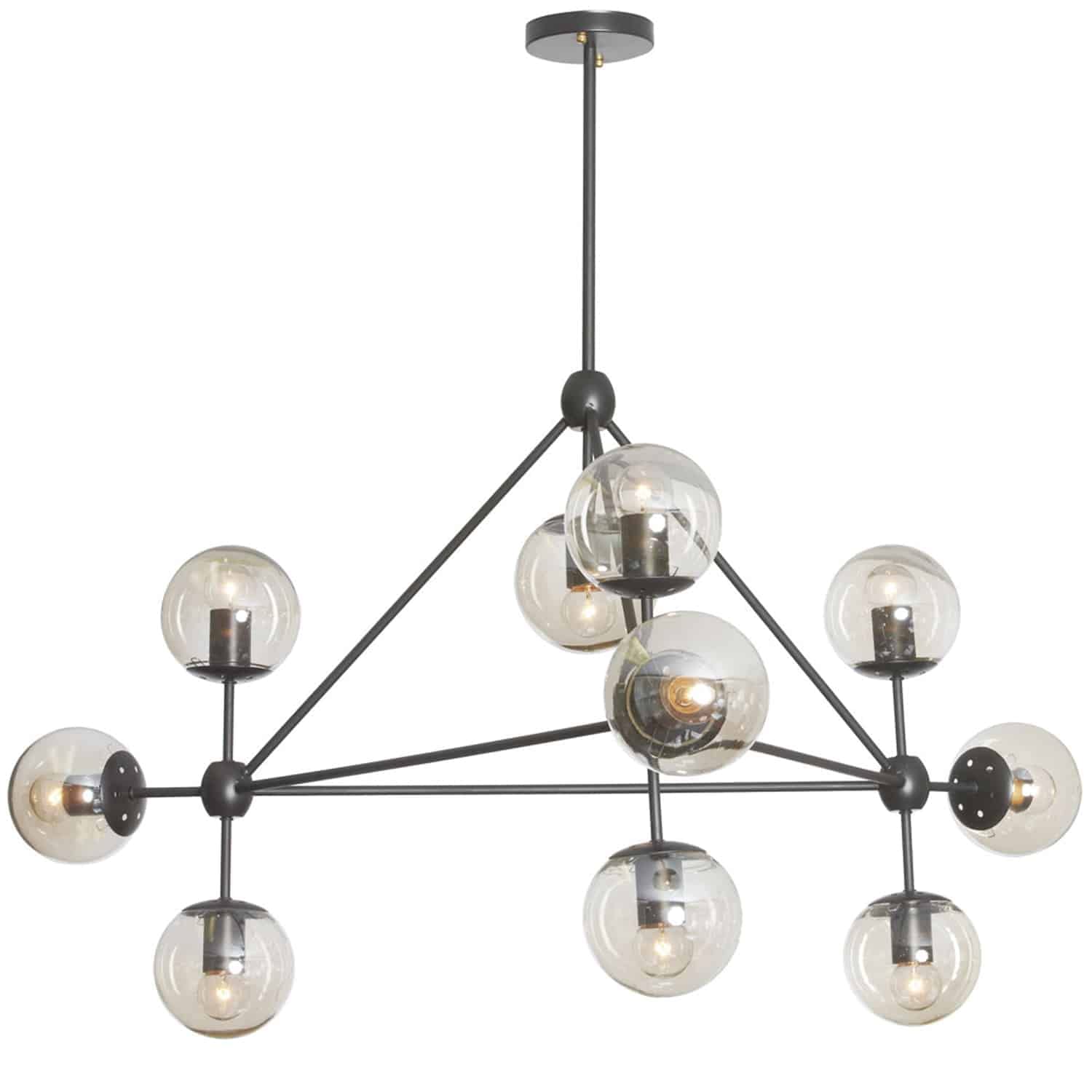 10LT Triangular Chandelier with Cognac Glass - Elegant Black Modern Ceiling Light for Dining Room, Bedroom, or Living Room Decor