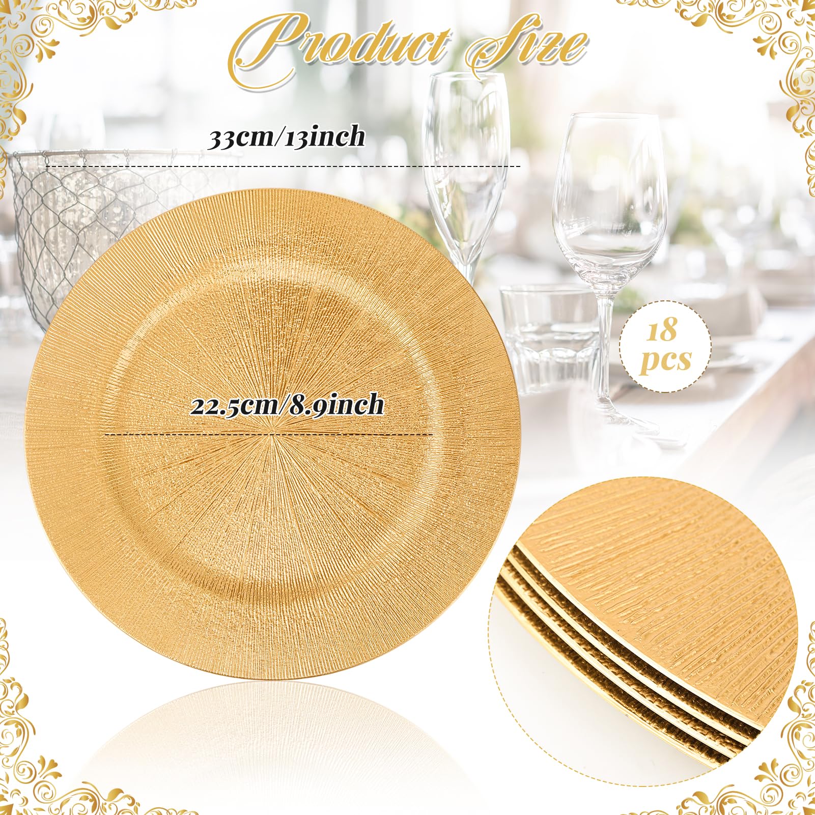 18-Piece Gold Charger Plates Set - 13 Inch Elegant Textured Plastic Chargers for Weddings, Parties & Events - Reusable Tableware & Dinner Plate Decor for Formal Dining, Buffets & Special Occasions