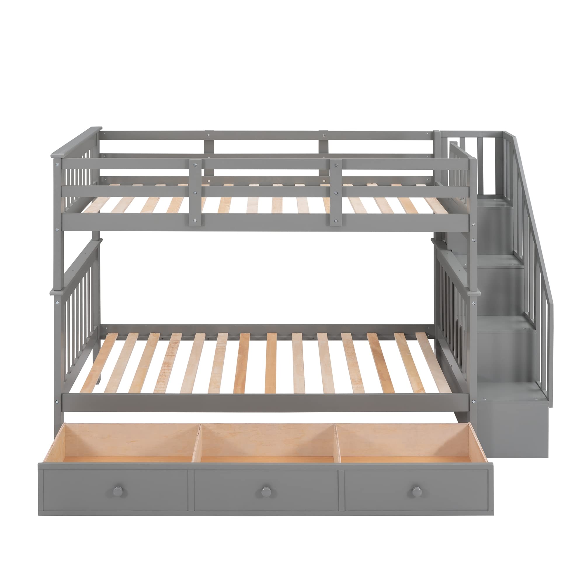 Twin Over Twin Bunk Bed with Storage Drawers & Stairs - Grey for Kids' Bedroom