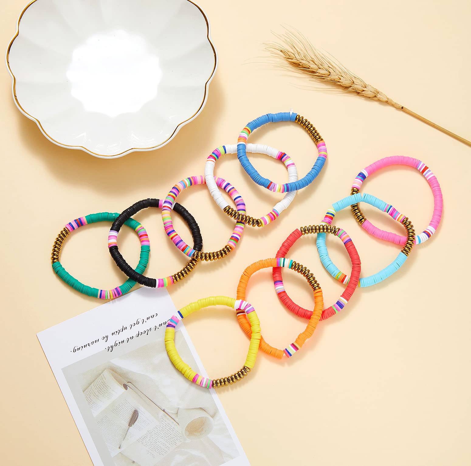 6PCS Colorful Sliced Clay Bracelets for Women - Handmade Stackable Rainbow Vinyl Disc Bead Stretch Bracelets Set - Plastic Summer Wristbands for Beach, Festival, Party & Everyday Wear