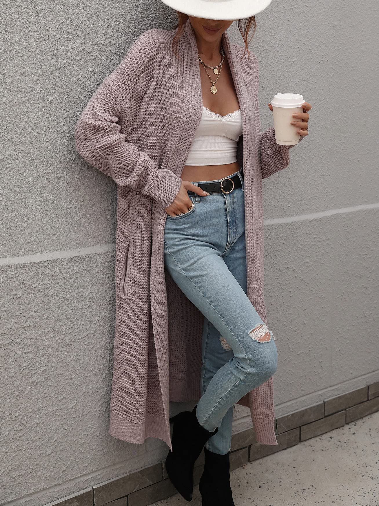 CHARTOU Women's Lightweight Long Waffle Knit Shawl Collar Open Front Duster Cardigan Sweater - Cozy Fall Layering Piece for Office, Date Night & Casual Outings