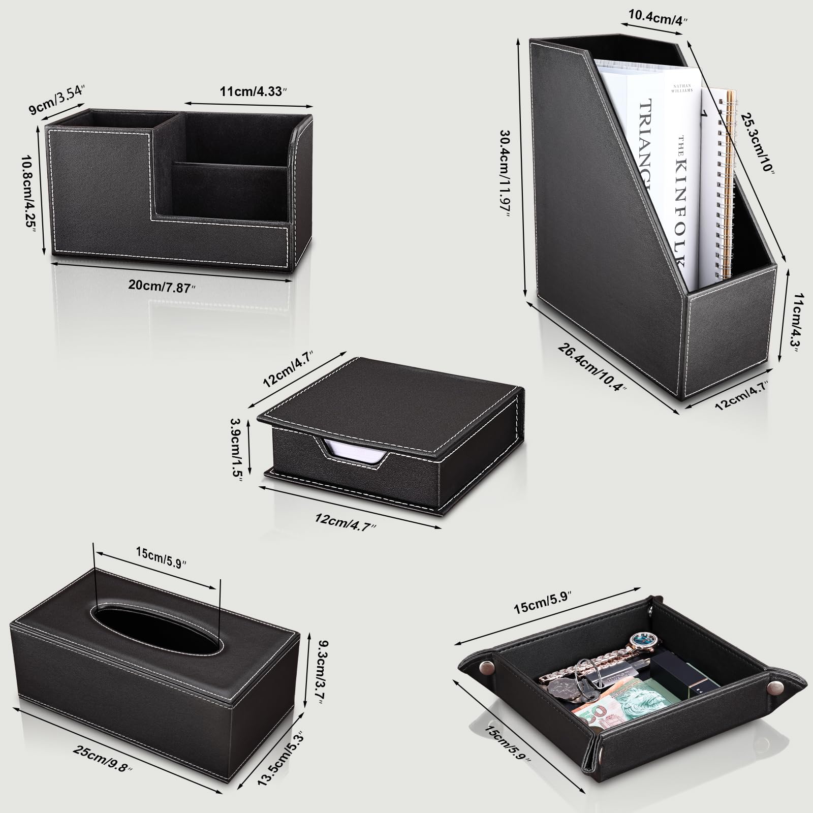 KINGFOM 5-Piece PU Leather Desk Organizer Set - File Holder, Magazine Storage Rack, Pen & Pencil Holder, Tissue Box Cover & Jewelry Tray - Office & Home Organization Accessories for Desk, Study & Workstation