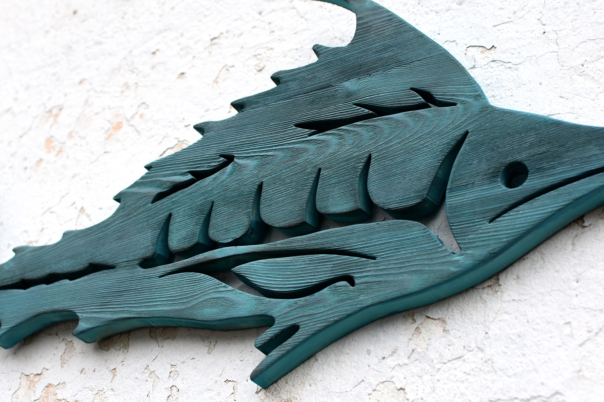 Hand Carved Wooden Marlin Wall Art - Blue Coastal Fish Sculpture Decor for Beach House, Nautical Theme & Ocean Inspired Home Decor