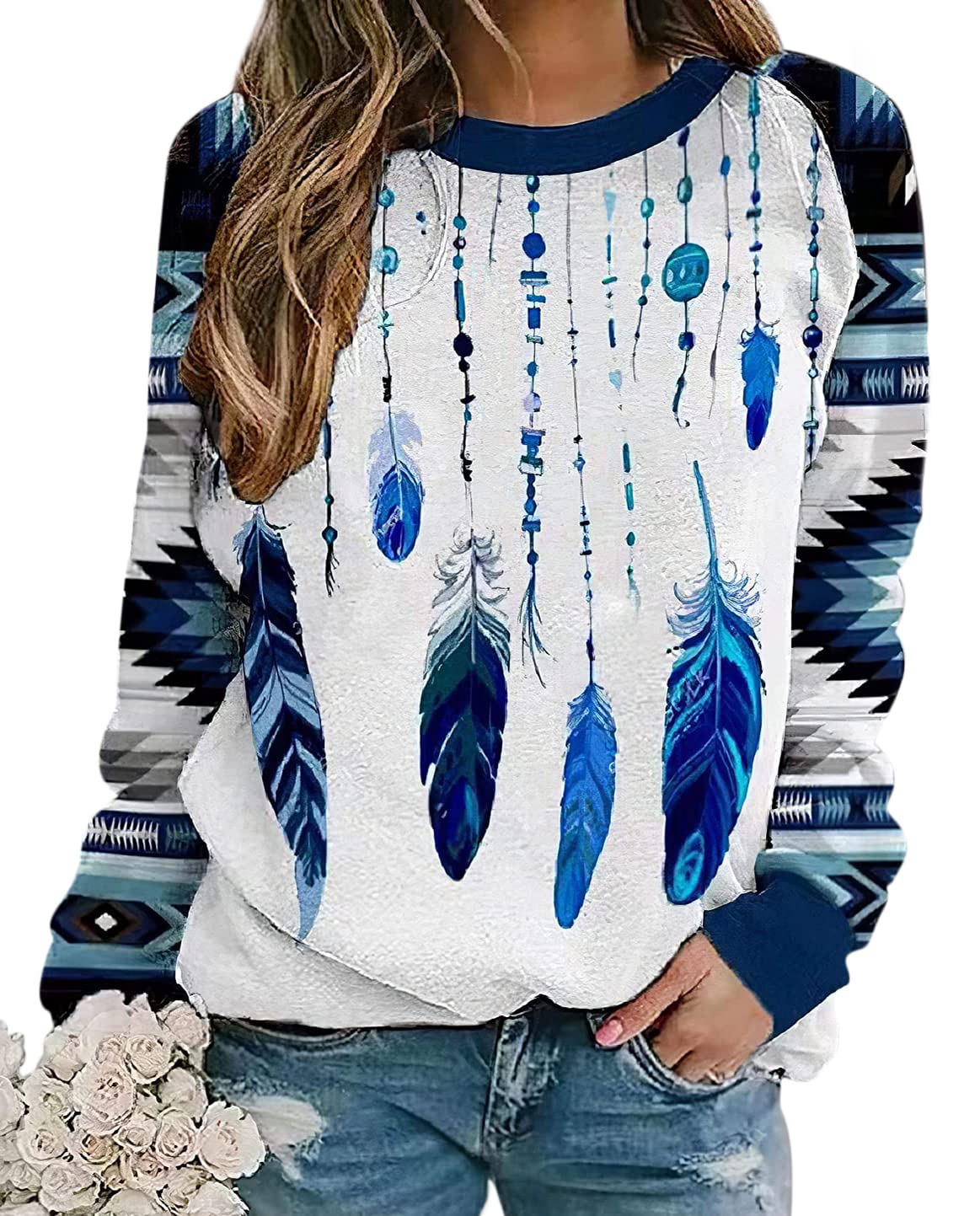 Lafolie Women's Western Aztec Print Crewneck Sweatshirt - Long Sleeve Ethnic Style Casual Top for Fall & Winter | Perfect for Boho Outfits, Music Festivals and Everyday Wear