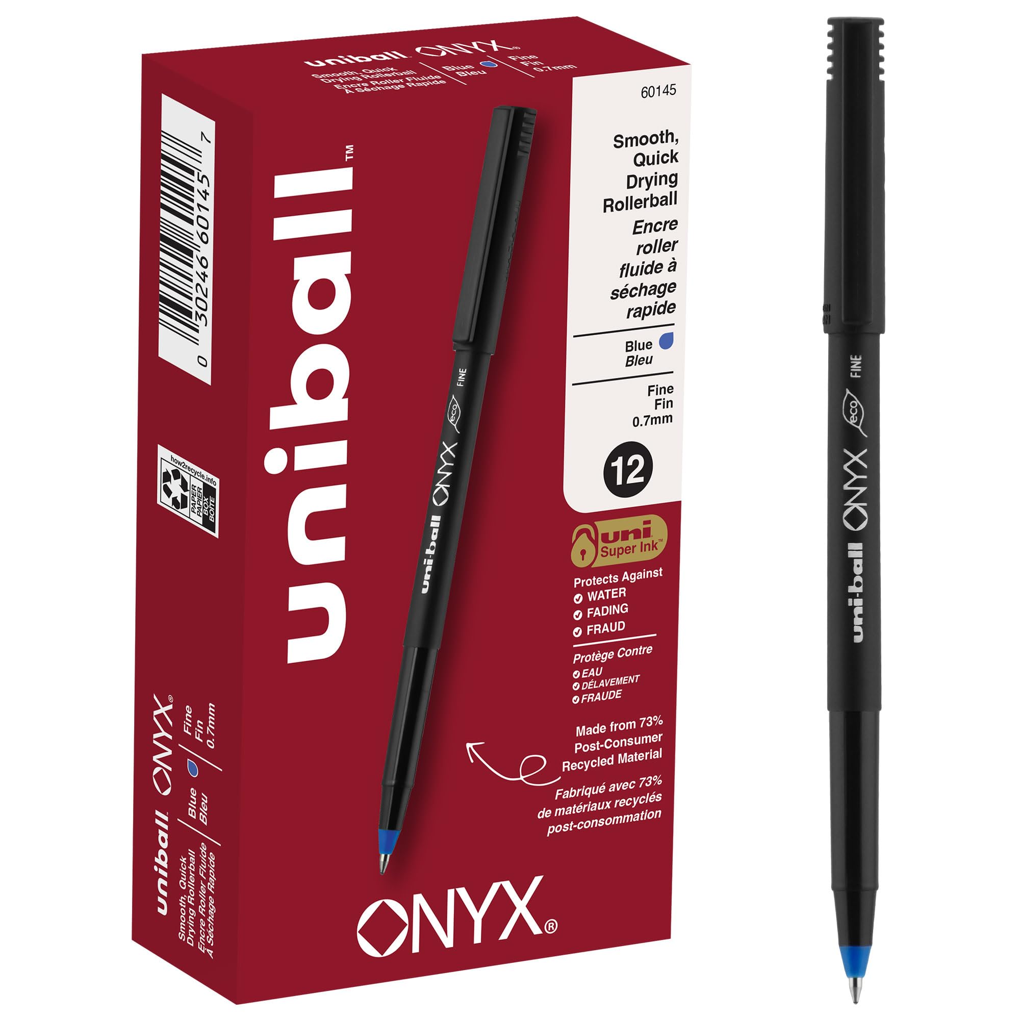 uni-ball Onyx Rollerball Pens - 0.7mm Fine Point, Black Barrel with Blue Ink, 12-Pack - Perfect for Office, School & Everyday Writing Needs