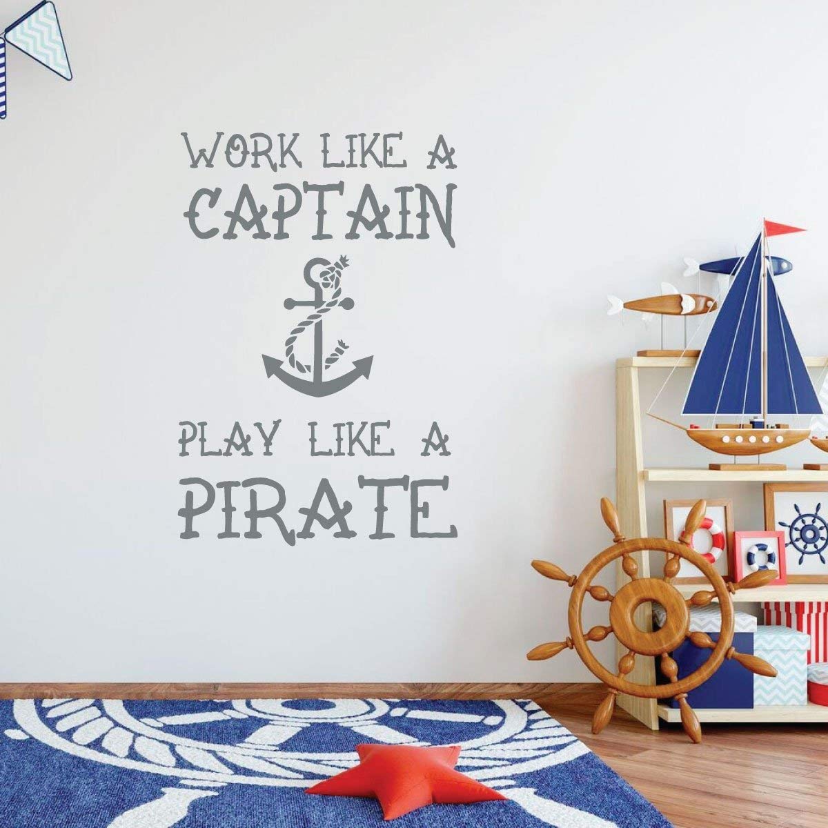 Playroom Wall Decal - Work Like A Captain Play Like A Pirate - Removable Vinyl Wall Art for Kids' Bedroom, Nursery & Children's Room Decor - Perfect for Pirate Themed Birthday Parties & Nursery Wall Stickers