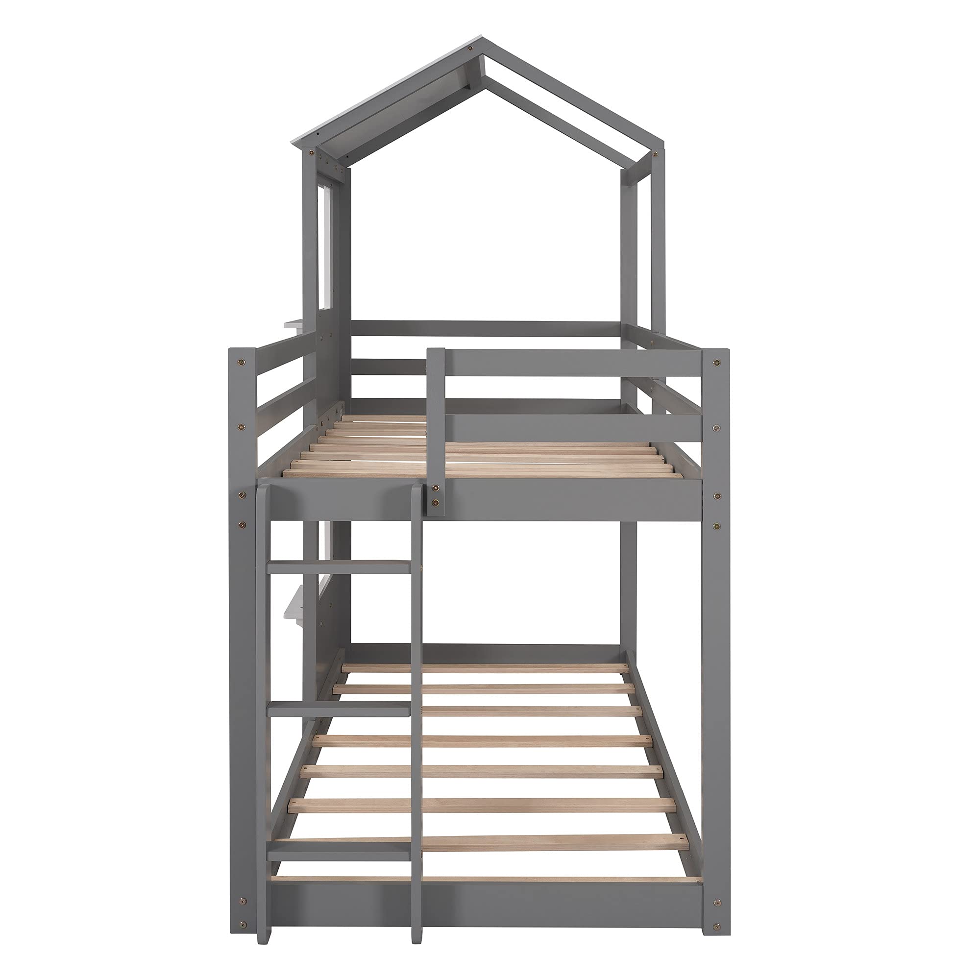 Kids House Shaped Bunk Bed with Roof & Window - Twin Over Twin Loft Bed with Guardrail & Ladder - Gray Themed Bedroom Furniture for Boys & Girls - Perfect for Small Spaces, Sleepovers & Playtime