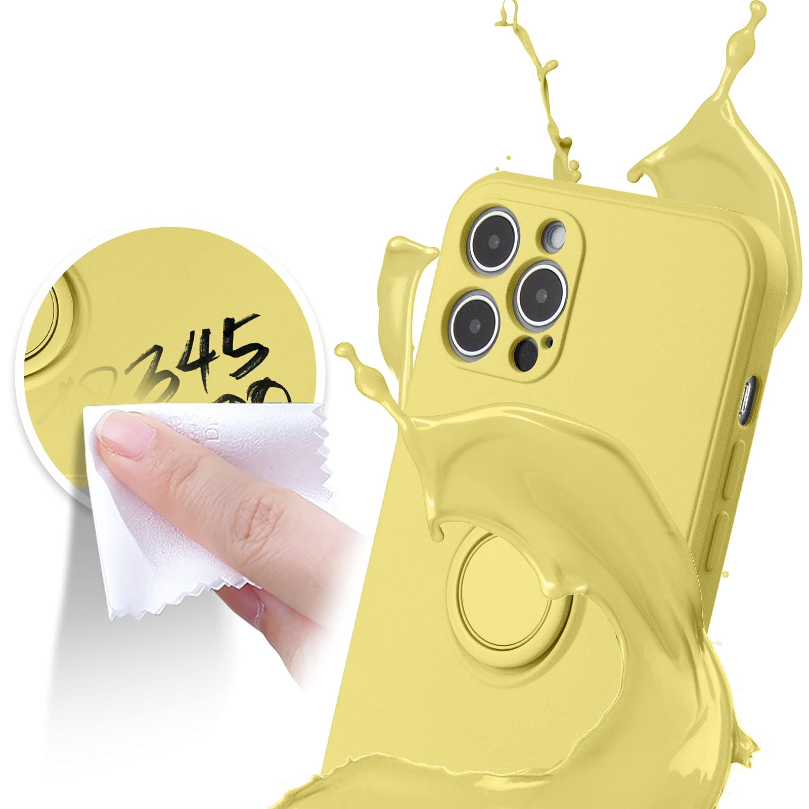 ABITKU iPhone 12 Pro Max Case (6.7-inch 2020 Model) - Premium Silicone Protective Cover with 360° Rotating Ring Kickstand & Car Mount Support | Soft Microfiber Lining | Yellow | Perfect for Daily Use, Travel & Hands-Free Viewing