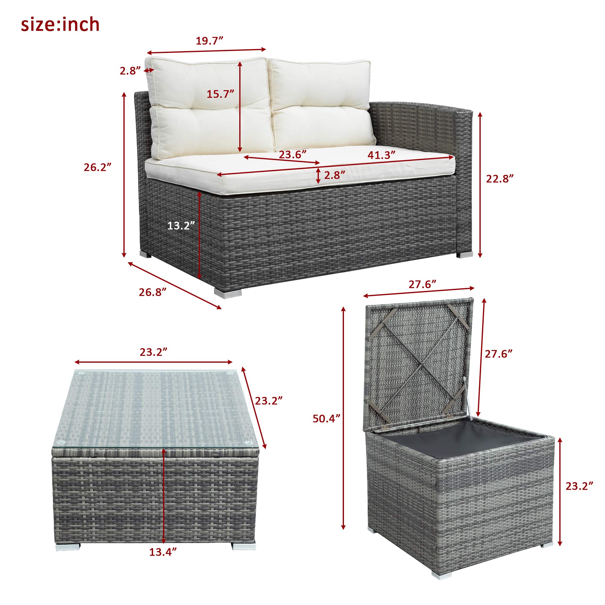 4-Piece All-Weather Rattan Patio Furniture Sofa Set with Storage Box & Cushions - Outdoor Conversation Sectional for Garden, Poolside, Deck - Beige