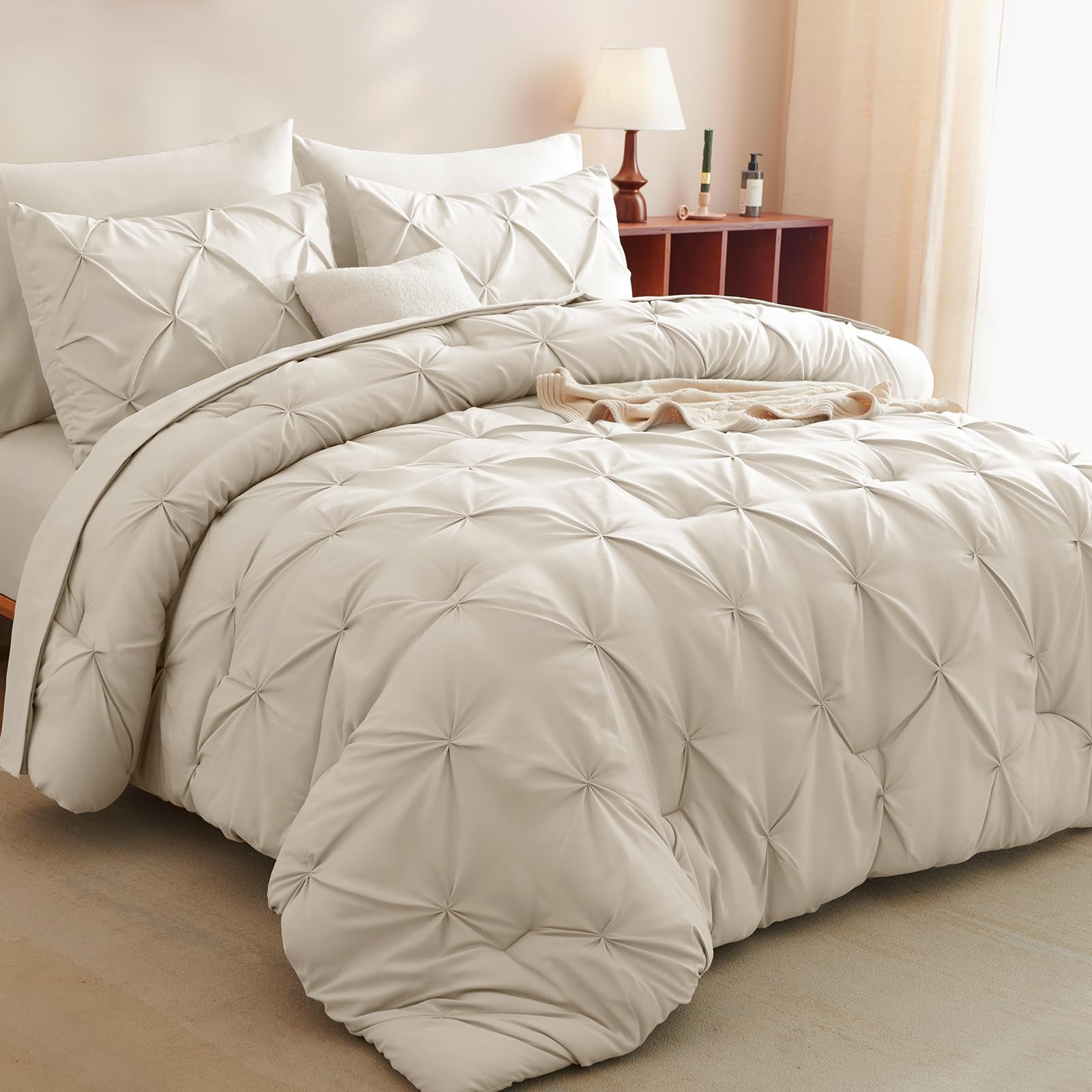 CozyLux 7-Piece Full Size Beige Pintuck Comforter Set with Sheets, Pillowcases & Shams - Soft Cream Off-White Bedding for Cozy Bedroom Decor - Perfect for Guest Rooms, Master Bedrooms & Dorm Essentials