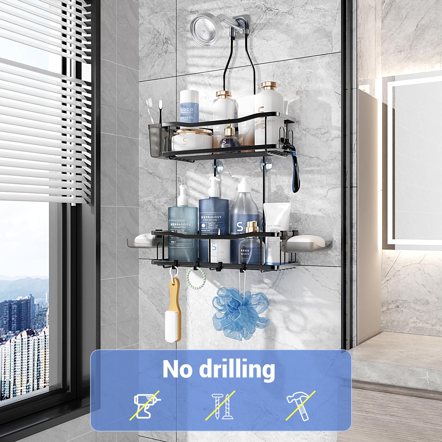 Rustproof Hanging Shower Caddy - No Drill Bathroom Organizer Shelf with Soap Holder for Shampoo & Toiletries - Black Over-the-Shower Storage Solution for Small Bathrooms & Apartments
