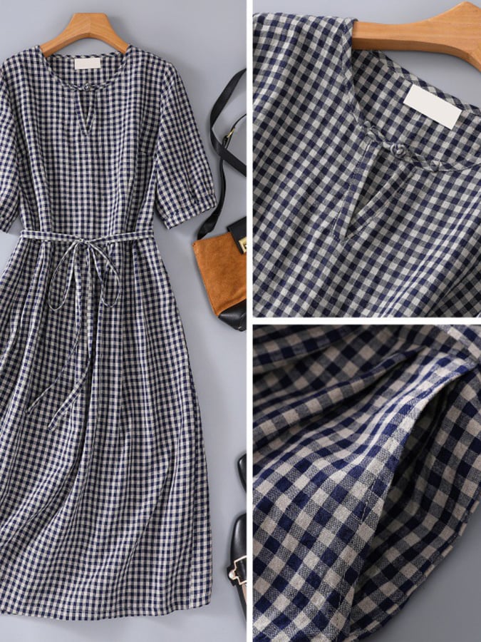Lovevop Women's Cotton Linen Vintage Plaid Wrap Dress - Loose Fit Slim Waistband Floral Summer Dress for Casual Outings, Beach Wear & Boho Style Fashion
