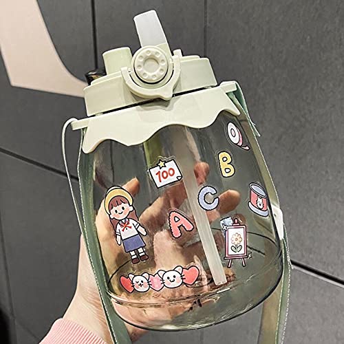 1.3L Kawaii Water Bottle with Straw & Sticker - Large Cute Water Bottle for Women, Girls - BPA Free Leak Proof Sports Water Bottle - Ideal for Gym, School, Work & Outdoor Activities (Green)