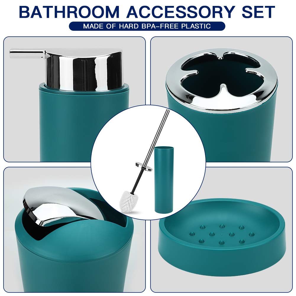 6-Piece Bathroom Accessories Set - Toothbrush Holder, Soap Dispenser, Trash Can, Tumbler Cup, Toilet Brush & Holder - Modern Deep Green Bathroom Decor - Perfect for Home, Apartment, and Guest Bathroom Organization