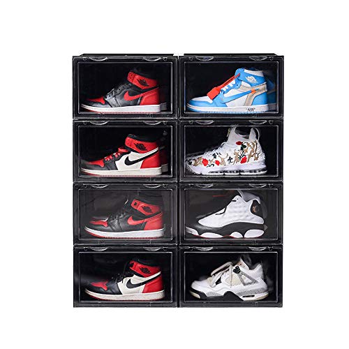 K.T.Z Magnetic Side Open Clear Plastic Shoe Storage Box - Stackable, Foldable Sneaker Organizer (14.2x11x8.7 Inch, D Style Black, 8 Pack) - Perfect for Closet, Bedroom & Entryway Organization